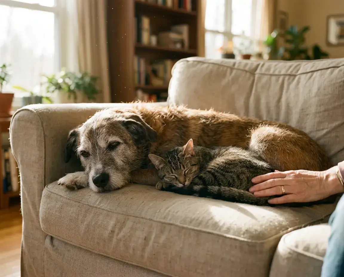 Dog & cat on couch